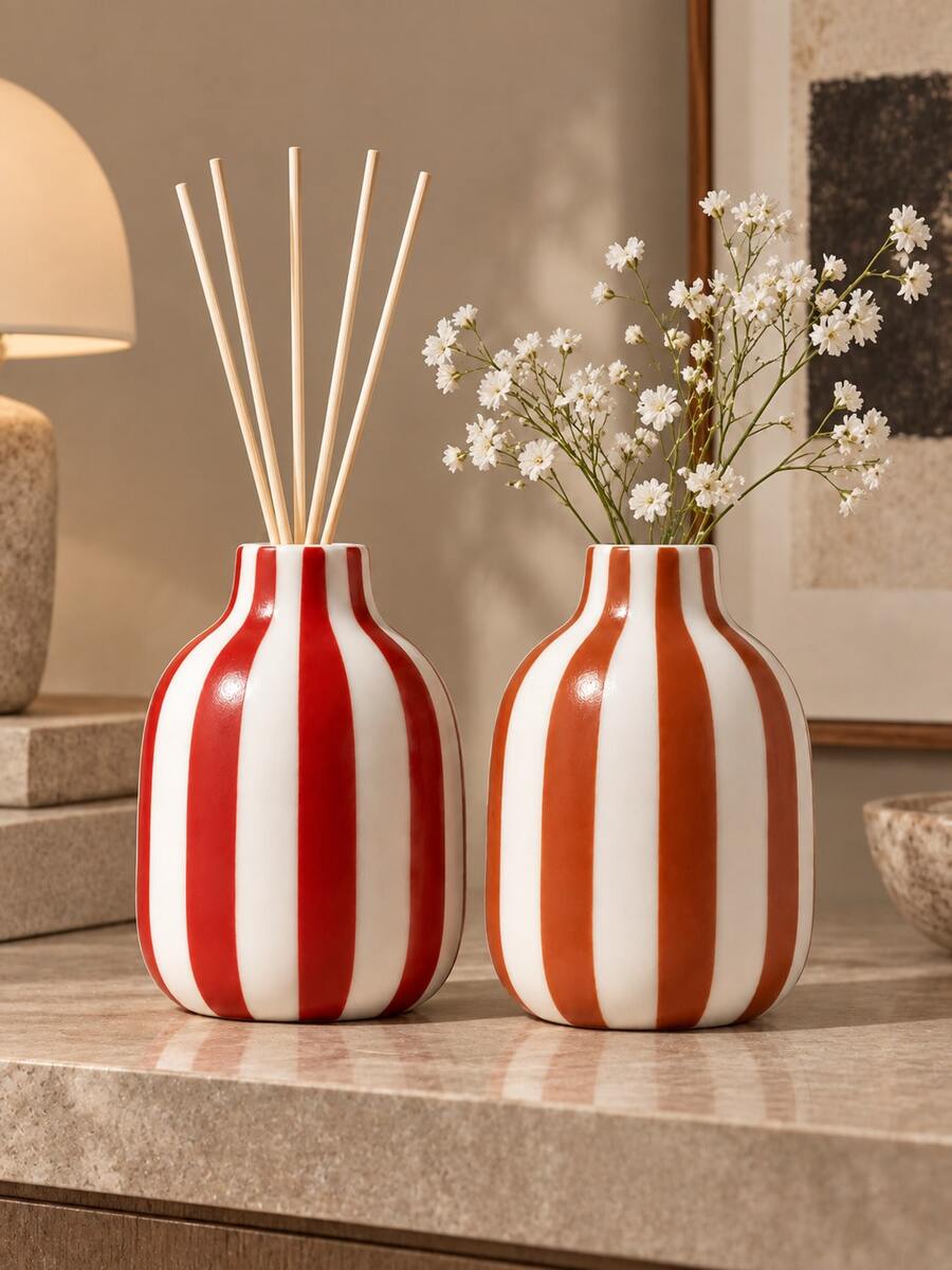1pc Vertical Striped Vase, 7 Colors Available, Cute Glossy Porcelain Diffuser Bottle, Small Bulb Shape Tabletop Vase For Dried Flowers, Reed Diffuser Home Decor, Essential Oil Not Included - Striped Small Round Bottle - View 1
