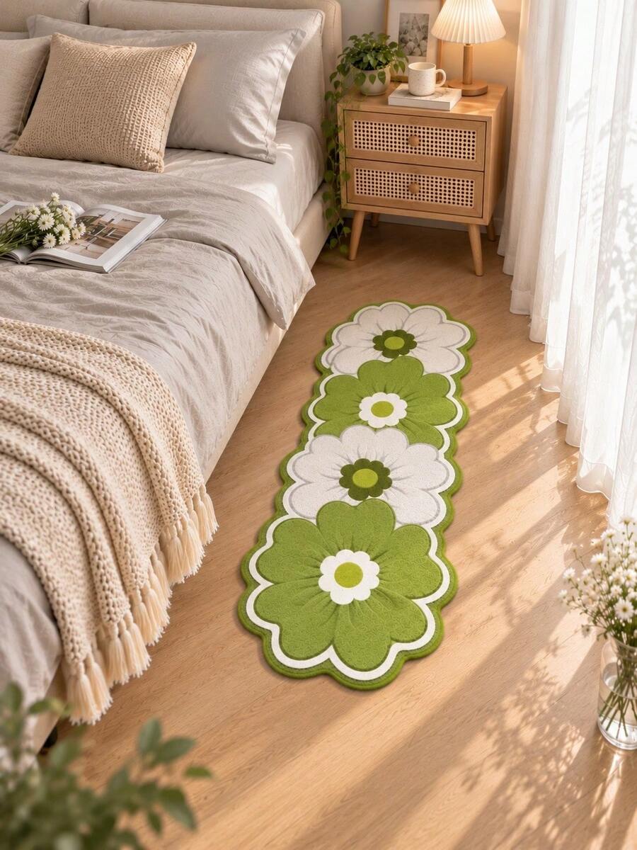 1pc Pastoral Style Green & White Petal Bedside Rug, Asymmetrical Wavy Edge Floral Floor Mat, Room Atmosphere Foot Pad, Hand-Cut With 1-5cm Error, Soft Touch Long Strip Carpet, Decorative Rug, Bedroom Decor, Small Rug, Carpet, Home Decor, Living Room Rug, Bedroom Rug, Outdoor Rug, Washable Carpet - Multicolor - View 1