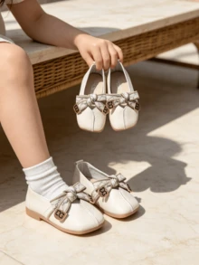 Girls' Faux Leather Square Toe Slip-On Flat Shoes, Soft Sole Dress Flats, Suitable For Autumn Back To School, Daily, Party, Outdoor Wear - Champagne - View 7