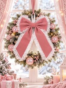 2pcs Pink Rhinestone Lace Bow Hanging Decorations, Large Christmas Tree Bow Decor With White Lace Trim, Holiday Wreath Embellishment, Staircase Garland Ribbon Bow, Gift Box Fireplace Window Holiday Home Party Decor, Winter Indoor Hanging Decoration - Multicolor - View 4