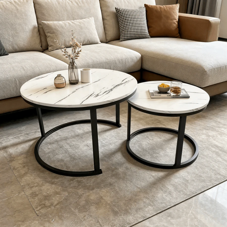 Stackable Marble Table With Metal Frame, Living Room Coffee Table With Sturdy Frame & Embedded Marble Surface, Movable & Space-Saving, Great Side Table For Living Room, Bedroom, Balcony And Terrace, One Random Floor Mat Included