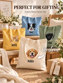 Personalized Pet Photo And Name Tote Bag, Large Capacity Shoulder Bag, Customizable Foldable Personalized Tote Bag Featured With Name Logo Text, Available In Various Colors,Solid Color Large Capacity Shoulder Bag,Suitable For Work, Travel And School,Suitable For Holidays.Ideal Gift For Birthday, Anniversary And Valentine's Day. - Multicolor - View 2