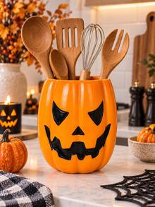 1pc Halloween Pumpkin Face Utensil Holder, 2 Colors Jack-O'-Lantern Kitchen Counter Storage Crock, Decorative Cutlery Container For Kitchen Countertop, Halloween Fall Home Decor, Utensils Not Included - Multicolor - View 3