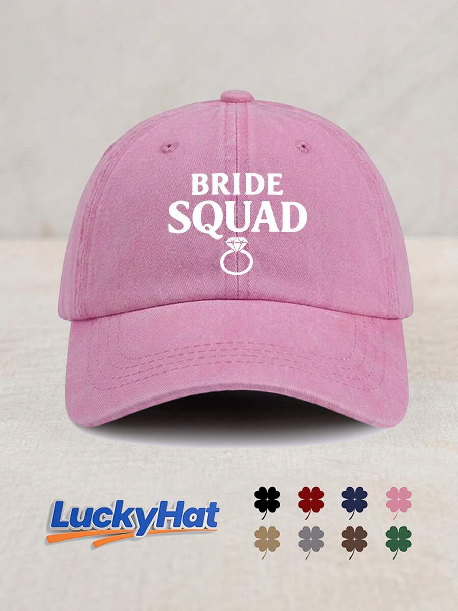 1 pieza Gorra de béisbol vintage lavada para mujer - Lema "BRIDE SQUAD" & Estampado de anillo de diamante - EQUIPO - Ver 1