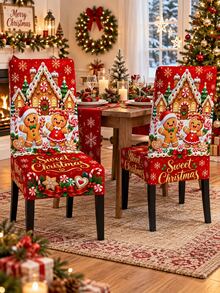 1pc Red Sweet Christmas Chair Slipcover, Cute Gingerbread Boy Girl Candy Cane Lollipop Snowflake Pattern, Stretch Spandex Parsons High Back Chair Cover, Washable Removable Protector For Dining Room Kitchen Xmas Decor - Multicolor - View 1