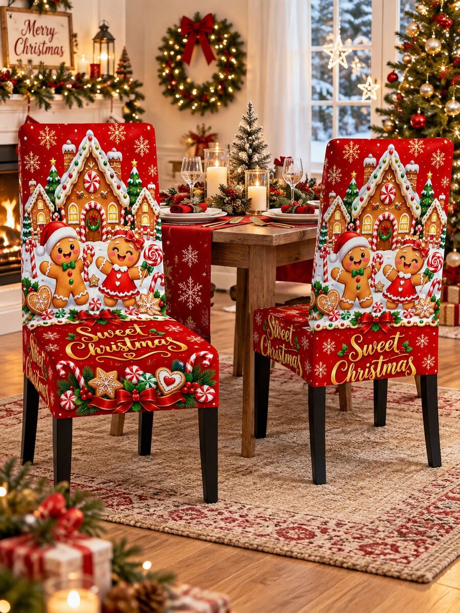 1pc Red Sweet Christmas Chair Slipcover, Cute Gingerbread Boy Girl Candy Cane Lollipop Snowflake Pattern, Stretch Spandex Parsons High Back Chair Cover, Washable Removable Protector For Dining Room Kitchen Xmas Decor - Multicolor - View 1