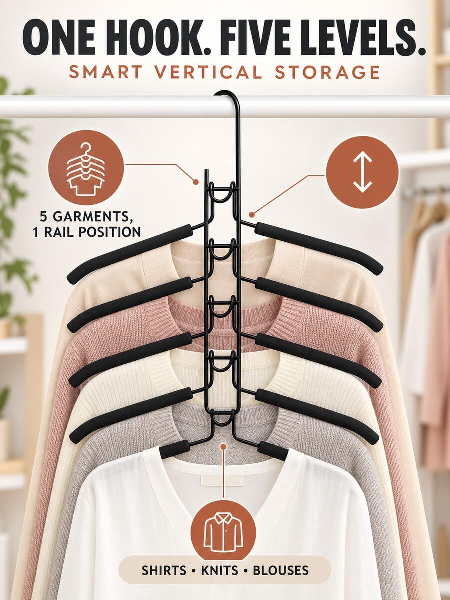 1pc 5-Tier Clothes Rack Organizer, Space-Saving Multi-Layer Hanging Rack With Detachable Non-Slip Hanging Arms, Suitable For Shirts, Sweaters, Pants And Tops, Closet Wardrobe Storage - View 1