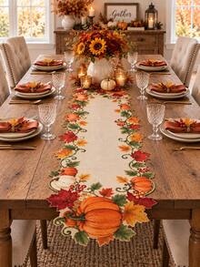 1pc-Thanksgiving Harvest Table Runner, Fall Pumpkin Maple Leaves Cutout Table Runner, Rustic Farmhouse Autumn Table Decor, Seasonal Tabletop Centerpiece For Dining Room Kitchen Party Holiday Home Decor - Multicolor - View 1