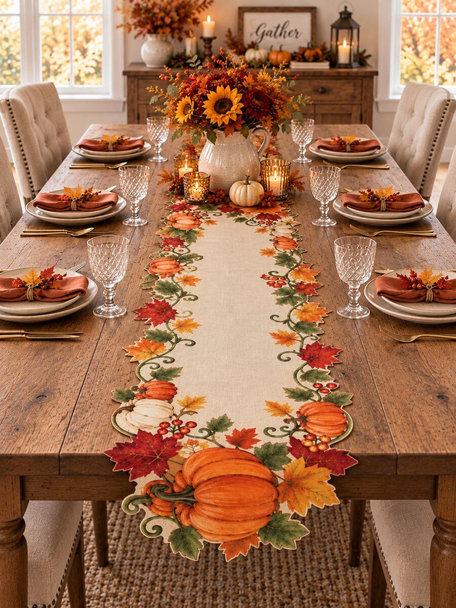 1pc-Thanksgiving Harvest Table Runner, Fall Pumpkin Maple Leaves Cutout Table Runner, Rustic Farmhouse Autumn Table Decor, Seasonal Tabletop Centerpiece For Dining Room Kitchen Party Holiday Home Decor - Multicolor - View 1