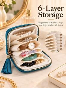 Portable Jewelry Storage Bag With 6 Layers, Travel Jewelry Box For Rings, Earrings, Bracelets And Necklaces, Mini Cosmetic Storage Bag With Zipper, Women's Small Item Organizer, Travel Essential Accessory, Gift For Women - Multicolor - View 6