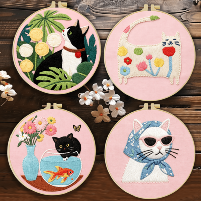 1 pieza 20*20cm/7.9*7.9in, Kit de bordado de gatos lindos, Set de bordado hecho a mano DIY para principiantes adultos, Regalo para el hogar, Regalo de costura para mujeres, Incluye manual de usuario, tela con patrón impreso, marco de bordado, aguja e hilo.