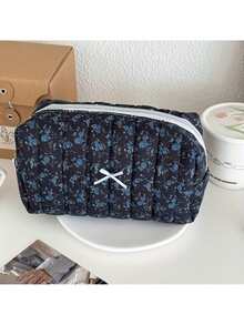 Black White Dark Floral Makeup Bag Minimalist Fresh Style Cosmetic Storage Portable Travel Organizer Pouch For Girls Students - Multicolor - View 10