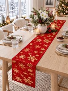 1pc Christmas Table Runner, Red Background With Gold Snowflake Pattern, Winter Holiday Kitchen Dining Table Centerpiece Decor Cloth, Christmas Home Party Table Setting - Multicolor - View 11