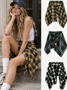 New Plaid High-Waist Skirt With Decorative Drawstring Design, Unisex, Adjustable Tie, Ruffle Hem, Suitable For Family Wear, Autumn/Winter - Multicolor - View 1