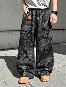 Krometka Men's High Street Ink Wash Rock Print Drawstring Wide Leg Pants, American Vintage Distressed Loose Straight Leg Casual Long Pants - Black - View 2