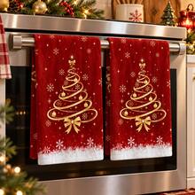 2pcs Christmas Red Printed Kitchen Towels, Gold Christmas Tree Bow Snowflake Star Pattern, Red & Gold Holiday Hand Towels, Winter Kitchen Home Decor Towels, Christmas Party Holiday Decoration, Baking Cleaning Holiday Gift - Multicolor - View 5