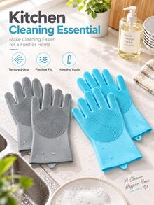 2-In-1 Silicone Dishwashing Gloves With Built-In Cleaning Brush, Reusable, Heat Resistant, Dense Bristles. Suitable For Dishwashing, Kitchen Sink Cleaning, Car Washing And Pet Grooming. A Must-Have For Every Household. - Multicolor - View 6