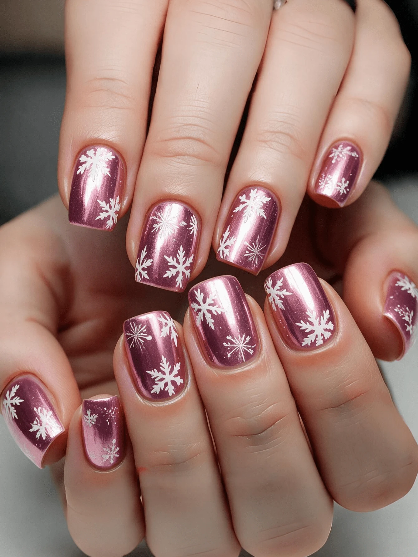 24 Pieces Of Pink Snowflake Christmas Winter Party Fake Nails - Mid-Length Oval-Shaped Protective Armor - Pink - View 1