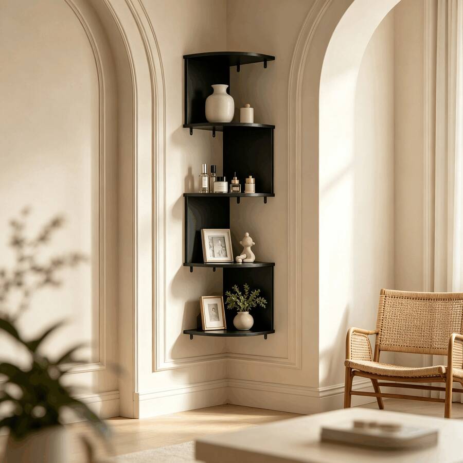 Kệ sách treo tường tam giác 5 tầng không cần khoan, giá tổ chức góc, kệ lưu trữ đa năng cho phòng ngủ, phòng khách, phòng học, nhà bếp - Đen và trắng - Xem 1