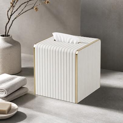 LADSTAG Cubierta de caja de pañuelos con rayas verticales cuadradas - Soporte cúbico decorativo para caja de pañuelos con base magnética, caja de pañuelos de PU decorativa adecuada para tocador, mesita de noche, escritorio, encimera de cocina, oficina en casa, automóvil, decoración de caja de almacenamiento, regalo festivo