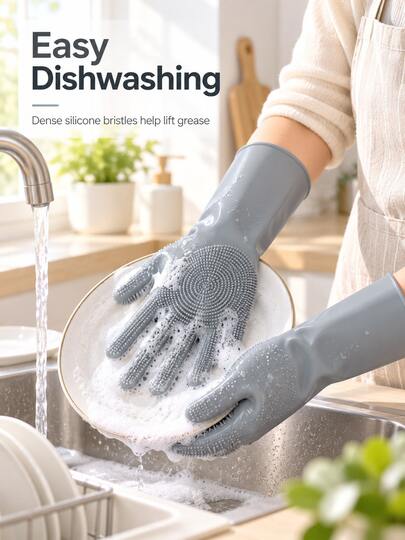 2-In-1 Silicone Dishwashing Gloves With Built-In Cleaning Brush, Reusable, Heat Resistant, Dense Bristles. Suitable For Dishwashing, Kitchen Sink Cleaning, Car Washing And Pet Grooming. A Must-Have For Every Household.