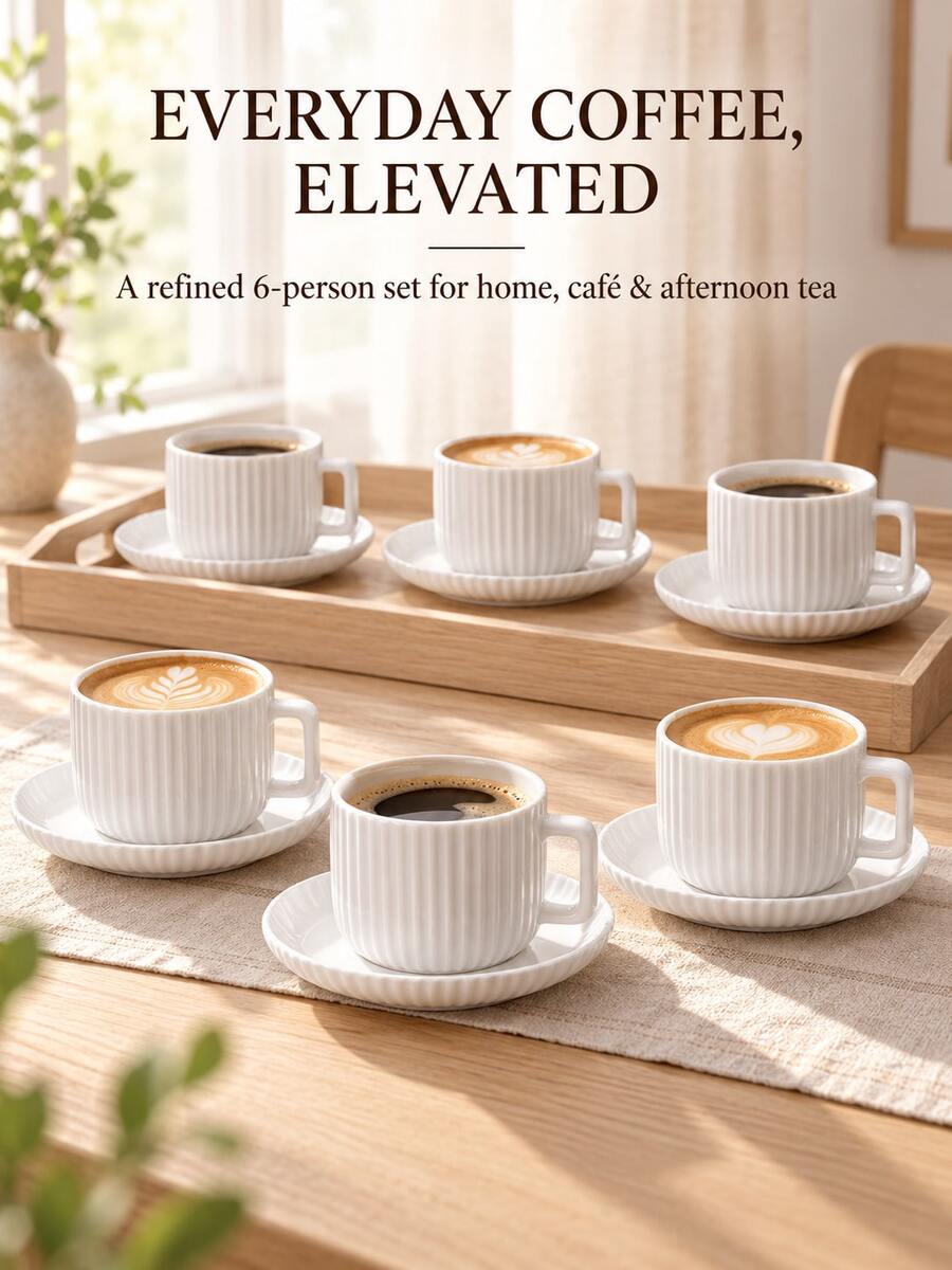 1/6 Sets Optional, Minimalist White Ceramic Coffee Cup & Saucer Set, Nordic Style Striped Latte Espresso Tea Cups, Square Handle Coffee Mug, Home Cafe Afternoon Tea Tableware - Multicolor - View 1