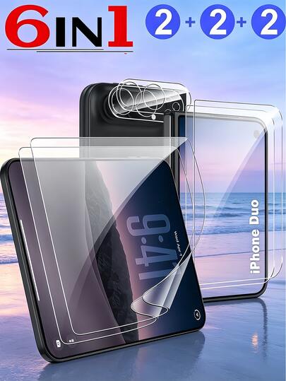 Protector de pantalla 6 en 1 [2+2+2], película flexible para pantalla interior + protector de pantalla trasera de vidrio templado + protector de lente de cámara, alta definición, antiarañazos, sin burbujas, compatible con iPhone DUO, cobertura completa anti-huellas y anti-arañazos