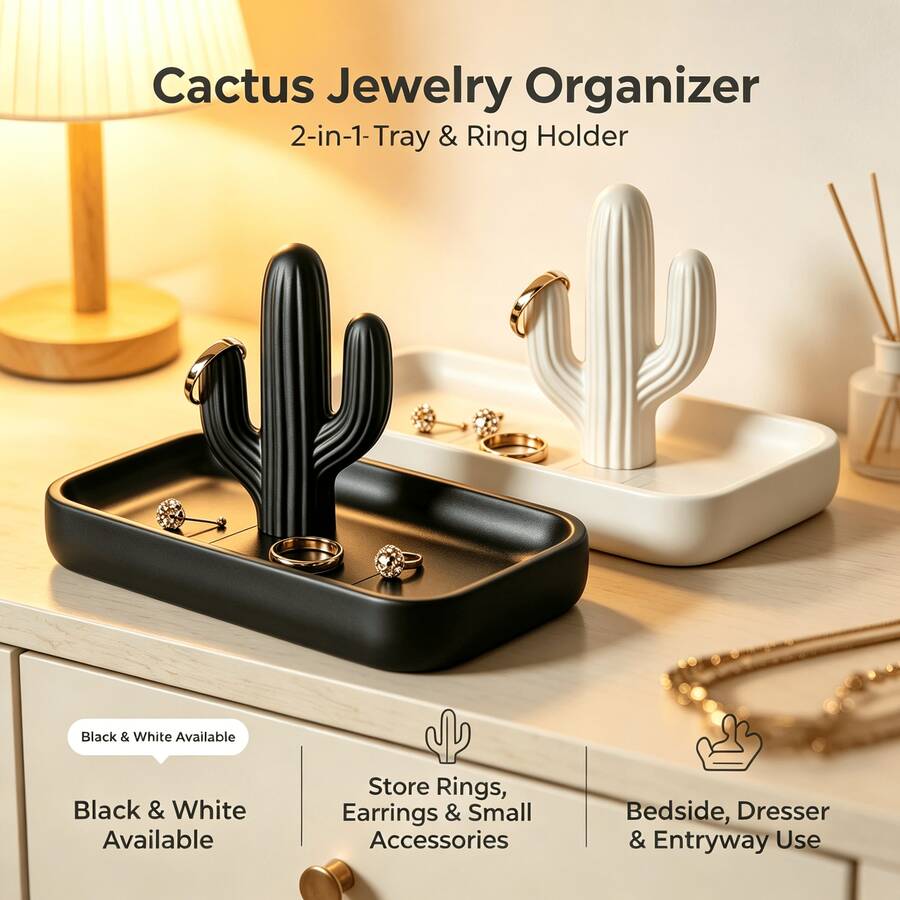 1pc Black & White Cactus Jewelry Storage Rack, Multi-Functional Ring Necklace Earring Display Tray, Minimalist Wabi-Sabi Style Decorative Accessory, Gift For Boys & Girls