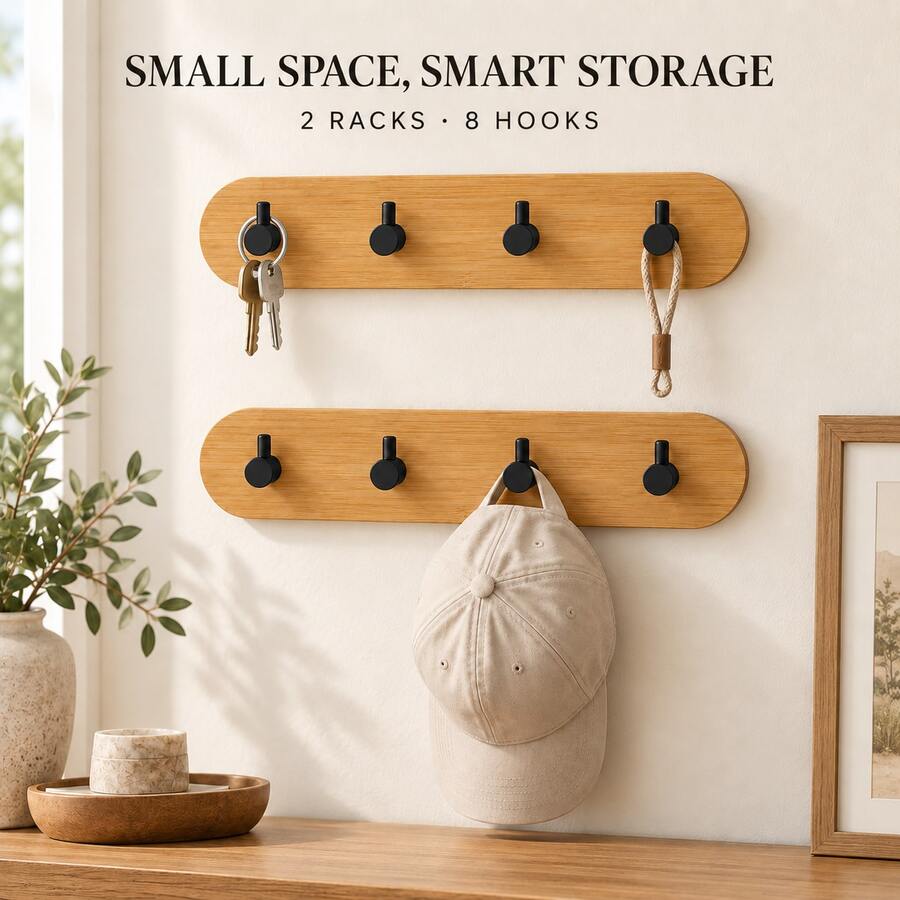 2pcs Bamboo & PP Wall-Mounted Hook Rack, Convenient Hanging Storage For Your Home. Each Rack Features 4 Black Hooks With Stopper Design To Prevent Rings And Straps From Slipping. Drill-Free Installation Allows You To Utilize Wall Space To Organize Keys, Hats, Small Towels And Lightweight Accessories; Natural Bamboo Backboard Adds A Warm Texture - View 1