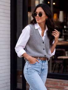 Rompi Sweater Wanita Abu-abu Gaya Preppy Musim Gugur/Musim Dingin, Atasan Rajut Bergaris Kasual Leher V dengan Kancing Depan untuk Kampus, Pakaian Sehari-hari & Acara Akhir Pekan - Grey - View 5