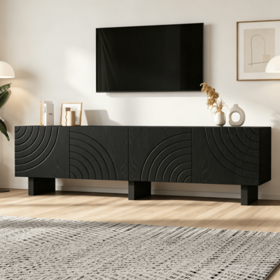 180*40*55 svart modern låg bänk i plywood med struktur för vardagsrum, TV-bänk med 4 fack, TV-möbel, förvaringsskåp. Passar 75-tums TV