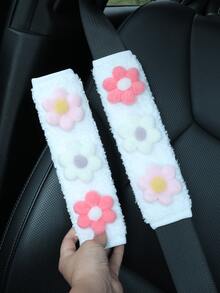 Soft Fluffy Plush Car Seat Belt Shoulder Cover, 3D Floral Applique Cute Seat Belt Shoulder Protector, Universal Cute Car Interior Decoration Accessory, Suitable For Women And Girls - Plush Flower - View 8
