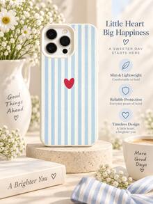 Korean Fresh Blue & White Vertical Striped Red Heart Phone Case, Minimalist Soft Texture Cream Color Frame Full Coverage Shockproof Soft Protective Shell Compatible With IPhone 18/17/16/15/14/13/12/11 Pro Max - Beige - View 4