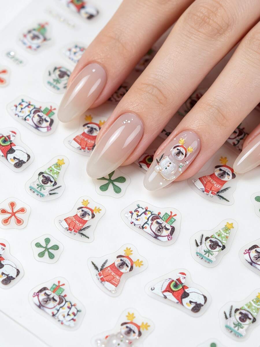 1pc Cute Pug Puppy Snowflake Nail Stickers, Christmas Theme, Shiny Surface, Asymmetrical Shape, Adorable Style, Suitable For Holiday Party And Daily Manicure - Multicolor - View 1