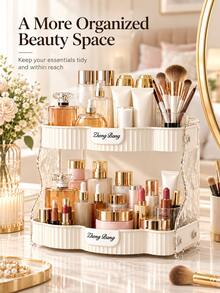 Double Layer Wavy Cosmetic Storage Rack, Light Luxury Cream Style Desktop Organizer, Large Capacity Vanity Skincare Perfume Storage Box, Can Hold Makeup Brushes Lipstick Face Cream, Bathroom Sink Cup Miscellaneous Multi-Functional Tiered Storage Tray - Multicolor - View 2