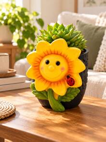 Cute Sunflower Face Planter Pot With Ladybug, Decorative Succulent Plant Pot, Smiling Flower Plant Container For Indoor Home Garden, Desktop, Window Sill & Shelf Decor - A - View 6