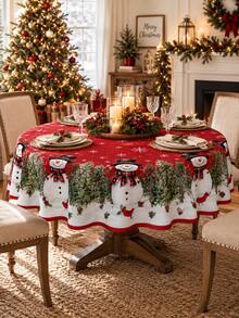1pc Red Snowman Christmas Tablecloth, Festive Polyester Round Or Square Table Cover With Evergreen Garland, Cardinal, Pinecone & Snowflake Border, Soft Washable Holiday Dining Decor For Christmas Dinner, Winter Party, Kitchen & Home - Multicolor - View 1