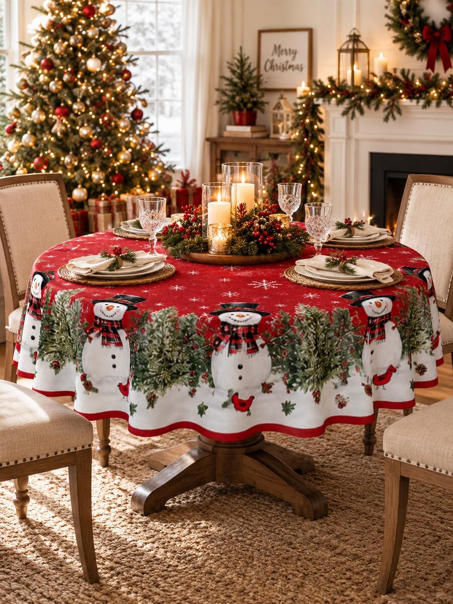 1pc Red Snowman Christmas Tablecloth, Festive Polyester Round Or Square Table Cover With Evergreen Garland, Cardinal, Pinecone & Snowflake Border, Soft Washable Holiday Dining Decor For Christmas Dinner, Winter Party, Kitchen & Home - Multicolor - View 1