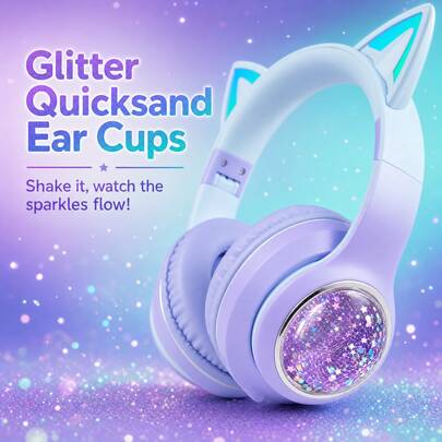 Gradient Cat Ear Bluetooth Headphones, LED Glitter Ear Cups, Foldable, Adjustable Volume, 24H Playtime, Wireless Headset For Study Music Sports, Perfect Christmas Halloween Gift