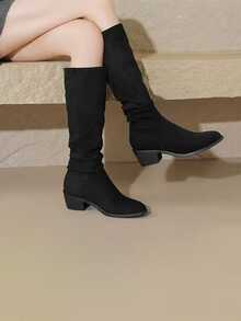 Black Suede Slouchy Tall Boots For Women, Autumn/Winter Vintage Pointed Toe Chunky Heel Ruched Knee-High Riding Boots, Slimming High Shaft Boots - Black - View 3