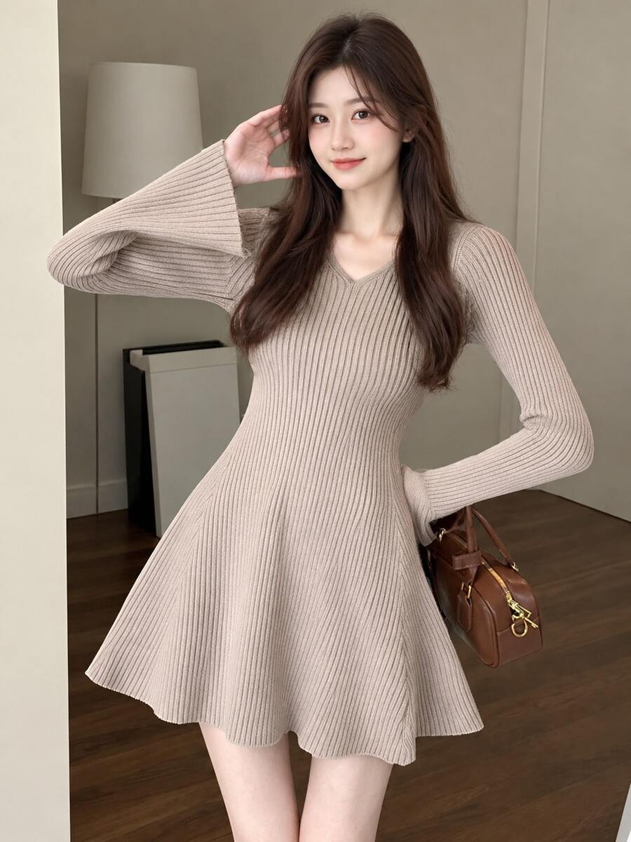 Alicedudu Women's Elegant Flare Sleeve Slim Fit Knit Dress, Autumn/Winter - Apricot - View 1