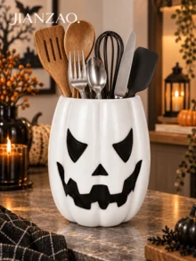 1pc Halloween Jack-O'-Lantern Utensil Holder, Pumpkin Face Kitchen Counter Storage Crock, 2 Colors Orange & White, Decorative Cutlery Container For Countertop, Fall Harvest Kitchen Decor - Multicolor - View 5