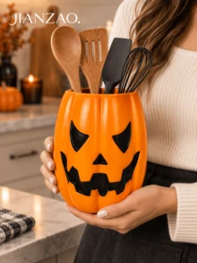 1pc Halloween Jack-O'-Lantern Utensil Holder, Pumpkin Face Kitchen Counter Storage Crock, 2 Colors Orange & White, Decorative Cutlery Container For Countertop, Fall Harvest Kitchen Decor - Multicolor - View 3