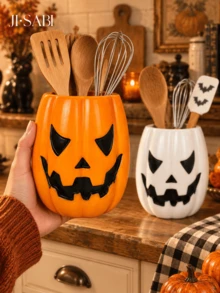 1pc/2pcs Halloween Jack-O'-Lantern Utensil Holder, Pumpkin Face Kitchen Counter Storage Crock, Orange & White 2 Colors, Spooky Tabletop Cutlery Container, Fall Harvest Kitchen Home Decor, Utensils Not Included - Pumpkin Storage - View 3