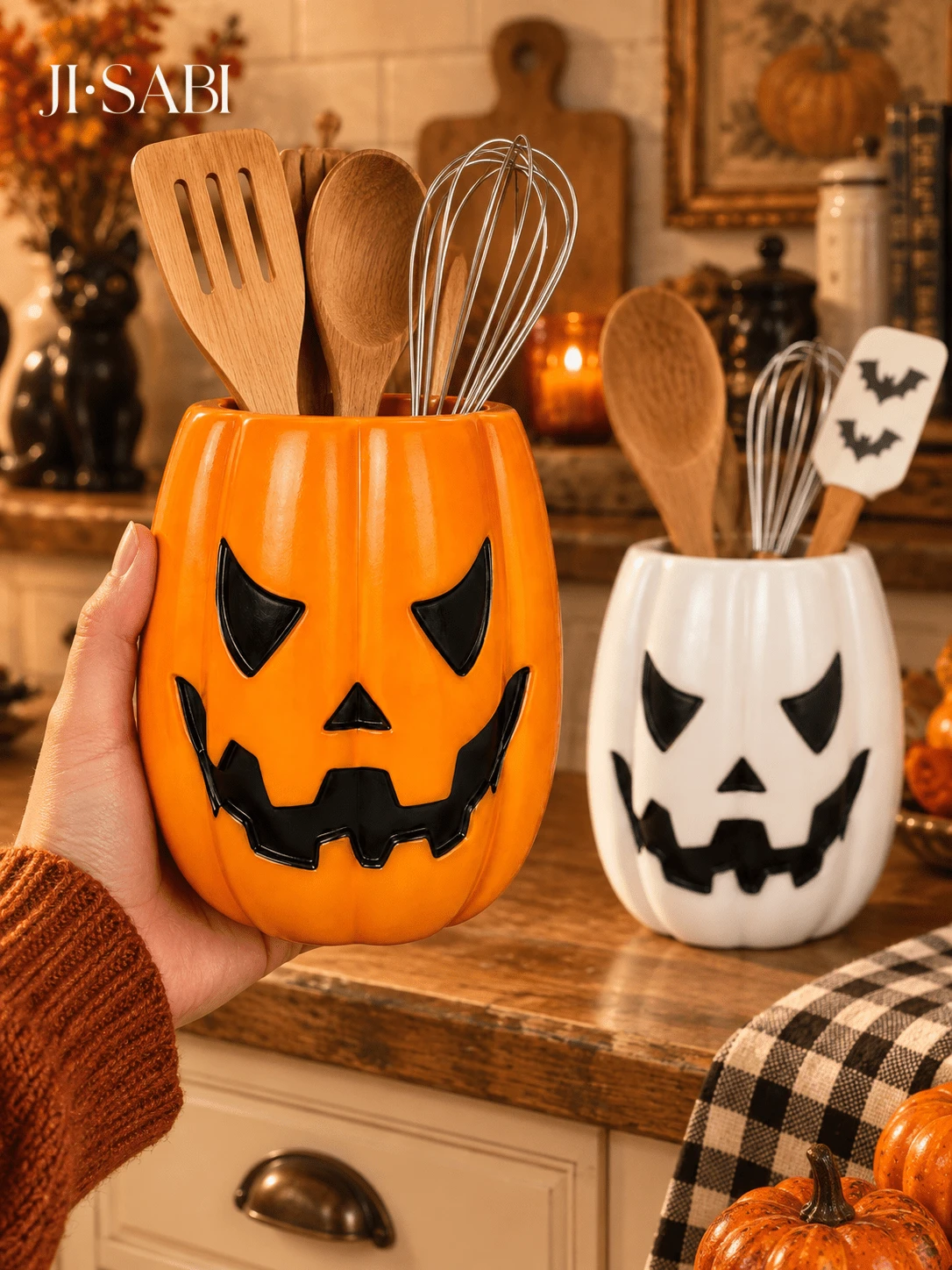 1pc/2pcs Halloween Jack-O'-Lantern Utensil Holder, Pumpkin Face Kitchen Counter Storage Crock, Orange & White 2 Colors, Spooky Tabletop Cutlery Container, Fall Harvest Kitchen Home Decor, Utensils Not Included - Pumpkin Storage - View 1