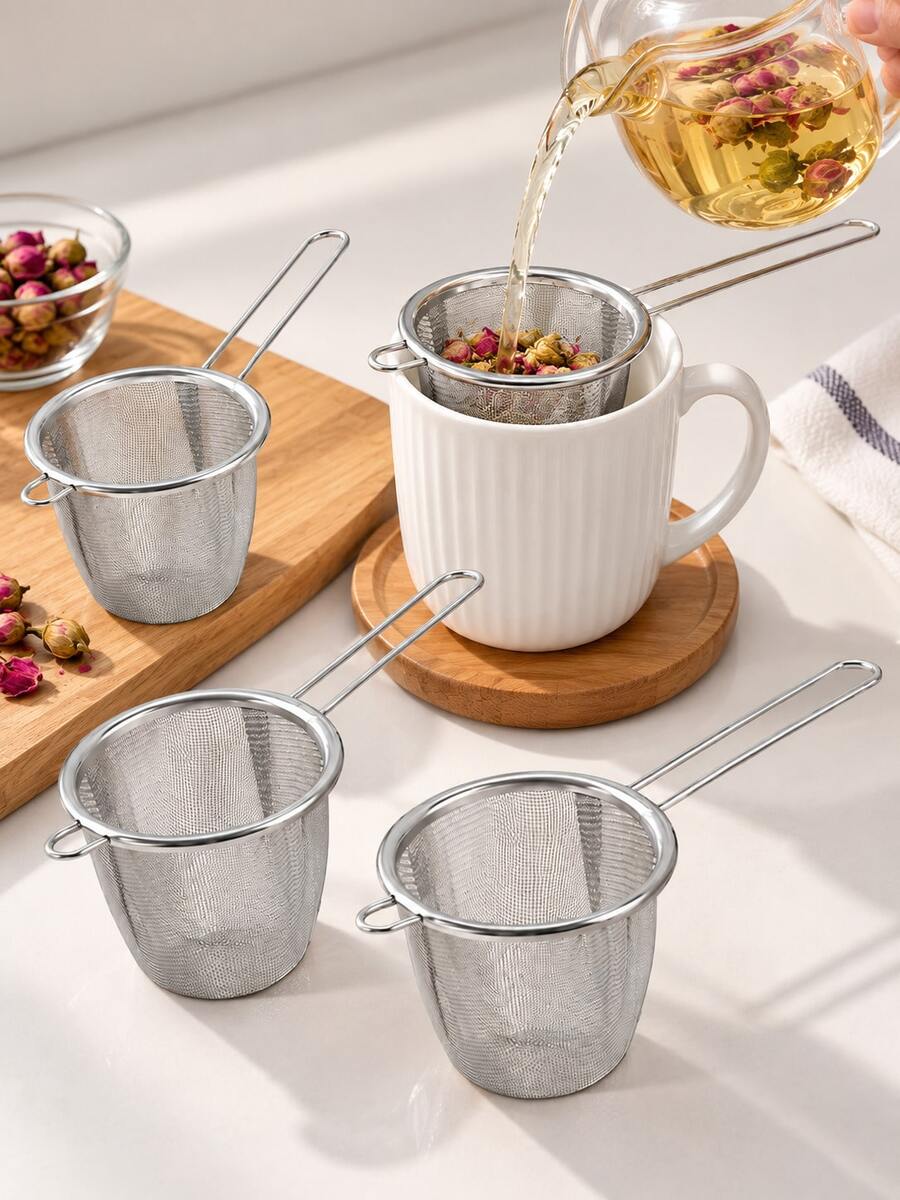 4pcs/2pcs/1pc Ultra Fine Mesh Tea Strainer, Stainless Steel Loose Leaf Tea Filter With Long Handle, Reusable Tea Infuser Basket, Suitable For Cups, Mugs And Teapots, Home & Office Kitchen Tea Brewing Accessories