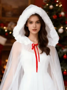 1pc Red/White Bridal Red Bow Hooded Mesh Cape, Ghost Bride Costume, Party Decoration Cloak, Cosplay, Party Outfit, Photo Prop, Christmas Party - Multicolor - View 8