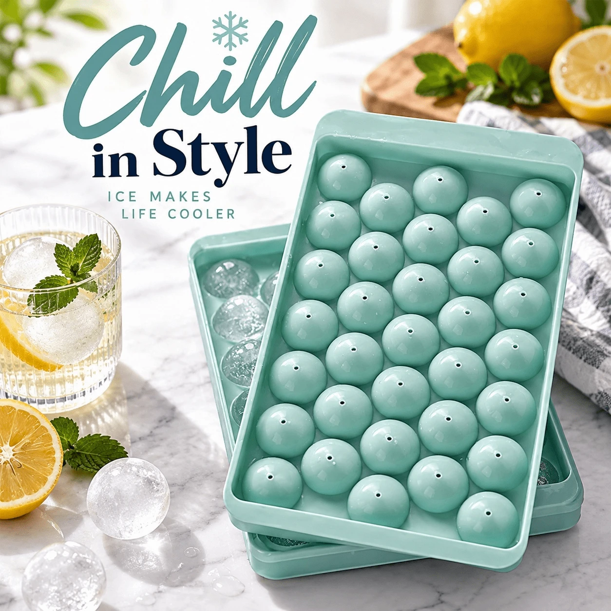 33 Grid Ice Cube Tray With Lid – Round Ice Ball Maker Mould, Easy Release Silicone Tray UK - Mint Blue - View 1