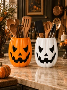 1pc/2pcs Halloween Jack-O'-Lantern Utensil Holder, Pumpkin Face Kitchen Counter Storage Crock, Orange & White 2 Colors, Spooky Tabletop Cutlery Container, Fall Harvest Kitchen Home Decor, Utensils Not Included - Pumpkin Storage - View 9