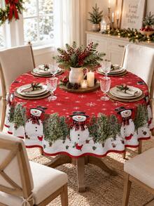 1pc Red Snowman Christmas Tablecloth, Festive Polyester Round Or Square Table Cover With Evergreen Garland, Cardinal, Pinecone & Snowflake Border, Soft Washable Holiday Dining Decor For Christmas Dinner, Winter Party, Kitchen & Home - Multicolor - View 4